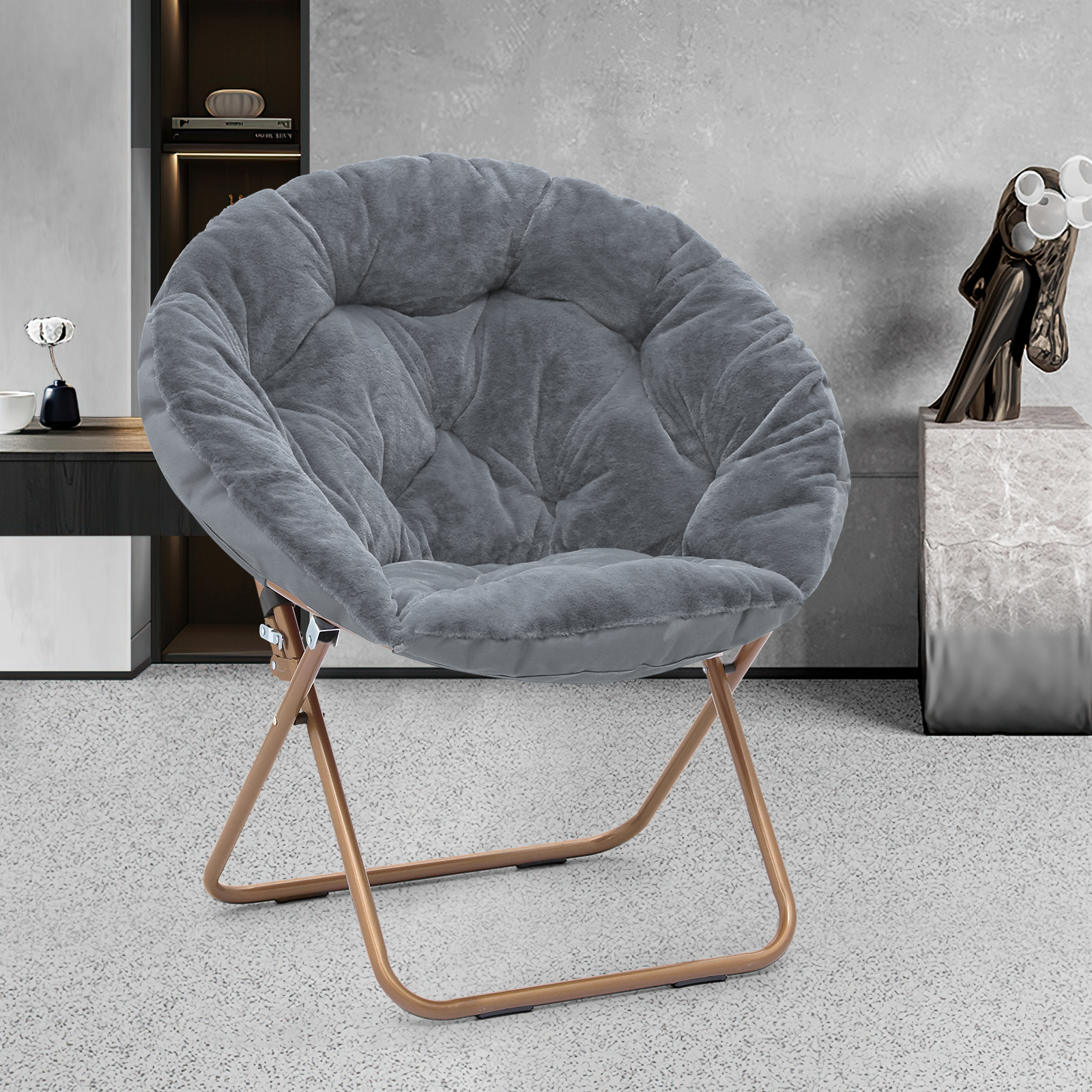 Magshion 33" Folding Saucer Chair, Soft Faux Fur Oversized Collapsible Accent Chair Lounge Moon Chair with Metal Frame for Bedroom, Gray - image 3 of 10