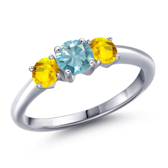 Gem Stone King 925 Sterling Silver Blue Zircon and Yellow Sapphire Engagement Ring for Women | 1.57 Cttw | Round 5MM | Gemstone Birthstone | Size 8