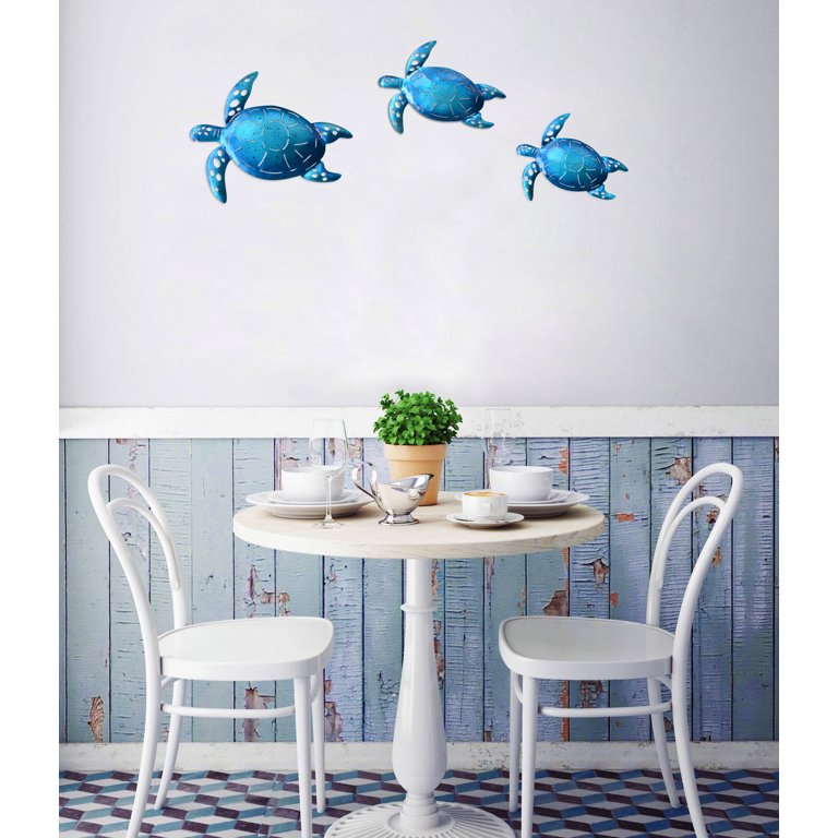 ShabbyDecor Coastal Ocean Sea Metal Blue Turtle Hanging Wall Art for Pool Patio Bathroom Outdoor or Indoor Set of 3, Size: 11.5