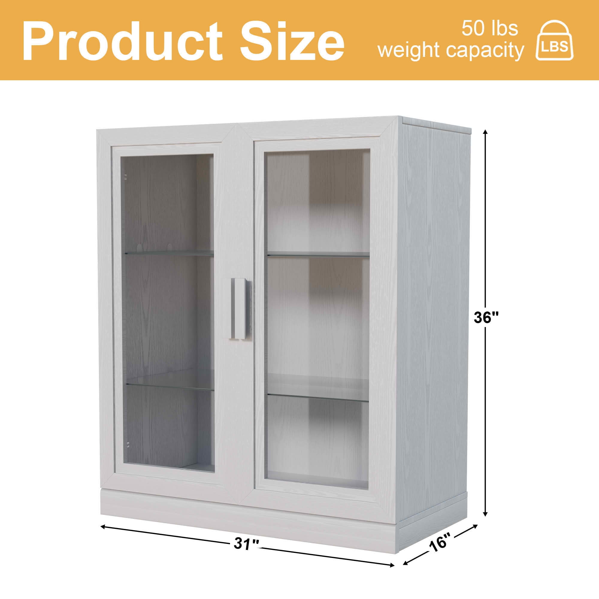 MAYEERTY 36x31x16 Inch White Wood Grain Storage Cabinet with Glass Door for Living Room