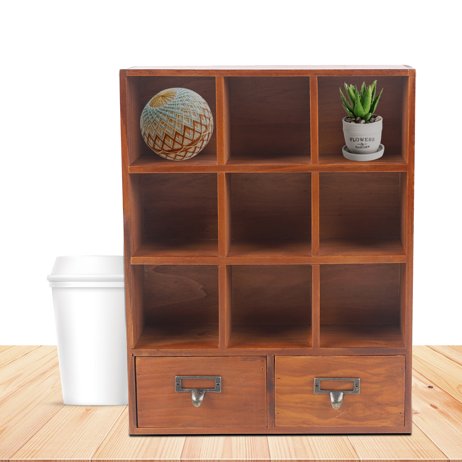 9-Cube Wooden Display Shelf With 2 Drawers Desktop Storage Organizer Brown