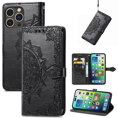 CoverTrend Wallet Case for iPhone 7 Plus / 8 Plus, Shockproof Mandala Embossing PU Leather Flip Case with Magnetic Clasp and Cash Card Slots Holder Holster for iPhone 7 Plus / 8 Plus,Black