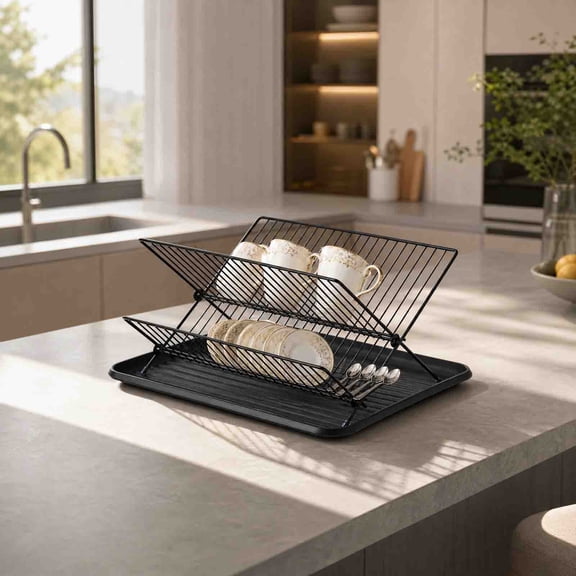 Dish Drying Rack 3 Tier Foldable Kitchen Counter Organizer with Drainage Tray Rust Resistant Metal Plate Storage Holder for Bowls Utensils Space Saving