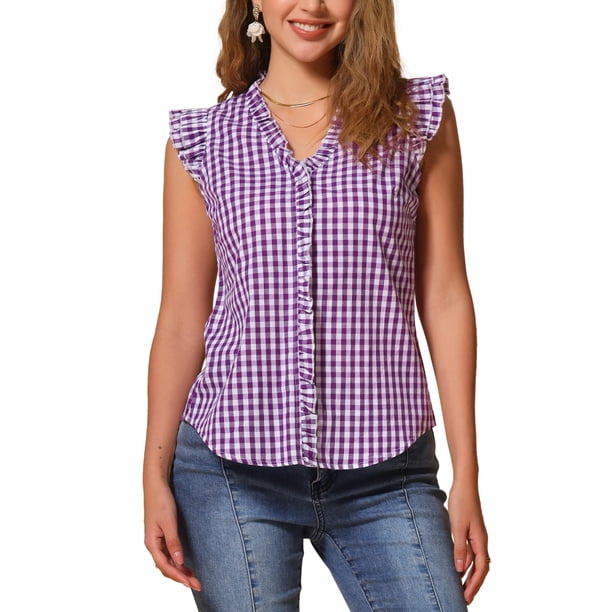 TOP Gingham INSPIRADOR CHIC para Camisa con Volantes de Mujer de Manga Corta Blusa a Cuadros M Púrpura