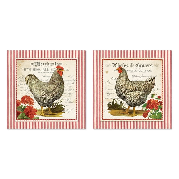 Vintage Ephemera French Chicken on Red Striped Background Set; French Country Decor; Two 12x12in Unframed Paper Posters