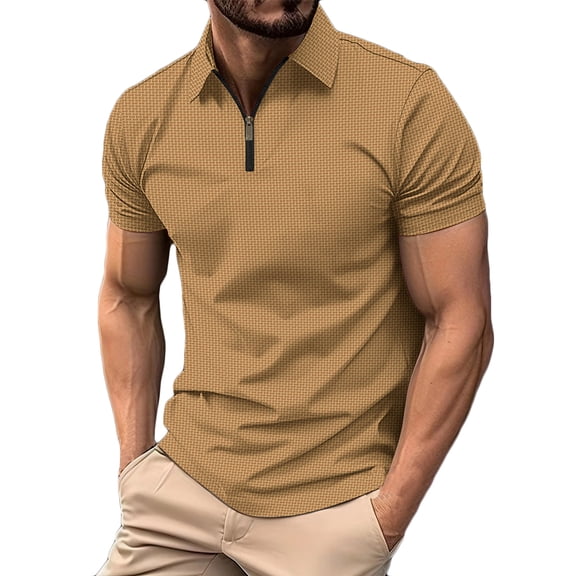 Men's Waffle Zipper Lapel Polo Shirt Short Sleeve Casual Golf Shirt Summer Beach Slim Fit Top