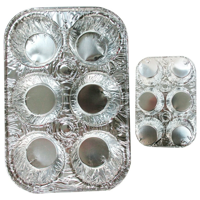 Eco-Friendly 6-Cavity Aluminum Foil Muffin Tin - 9.88 x 6.66 x 1.375  (Pack of 48) - Reusable Silver Baking Pan for Perfect Muffins & Cupcakes