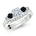 thumbnail image 2 of Gem Stone King 10K White Gold White Moissanite Black Onyx and White Lab Grown Diamond 5 Stone Bridal Engagement Wedding Ring Set for Women (0.81 Cttw, Round: 5MM and 3MM, Size 7), 2 of 6