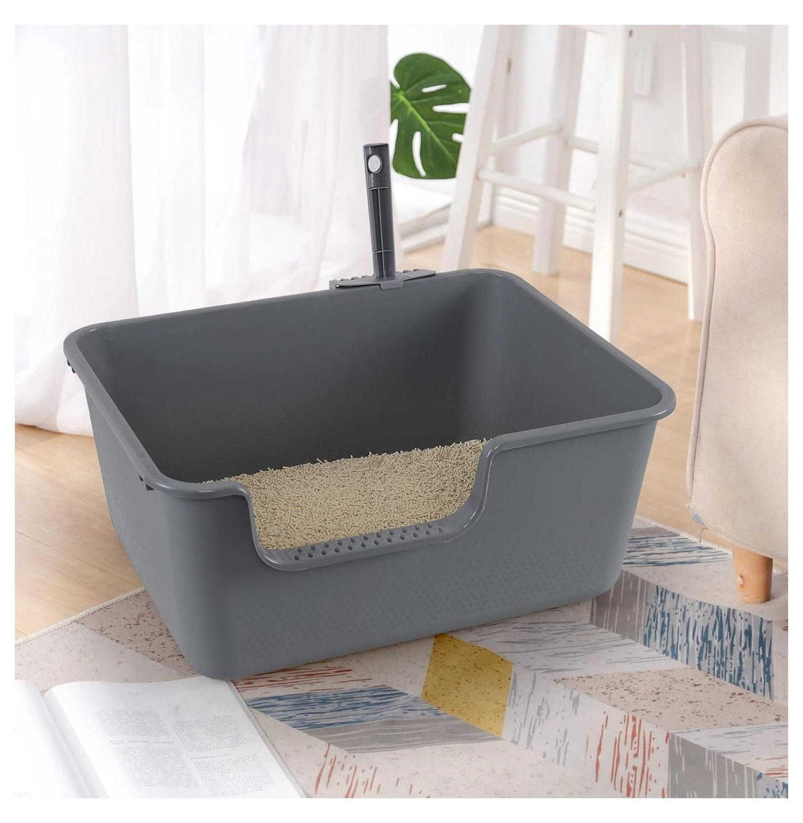 Cat Litter Boxes 4-Pack, Large High-Sided Litter Pan, Grey - Open Top Cat Toilet Tray, Easy Entry for Older Cats, Durable Plastic, 19.6 x 15.2 x 8.7 Inch