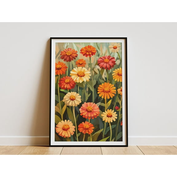 Vibrant Zinnia Garden Poster Rustic Garden Flowers Botanical Illustration Summer Floral Print Orange Yellow Pink Flower Art Home Decor Wall - Poster Unframed
