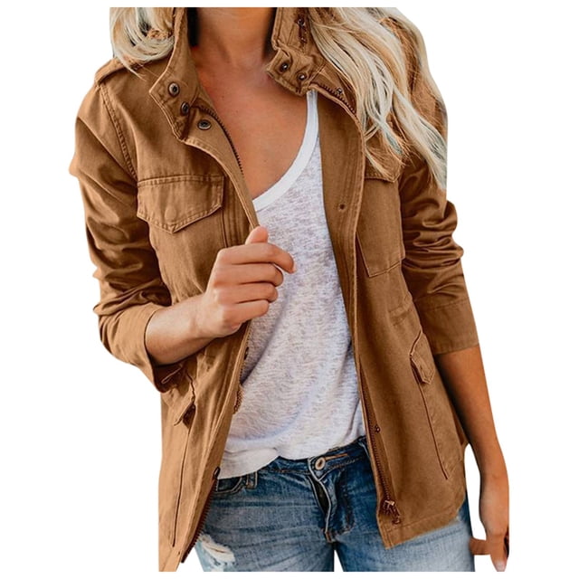 BYHONG Veste Chic Unie Surdimensionnée Coréenne à Fermeture Éclair avec Poches Manteaux pour Femmes Marron TTTG