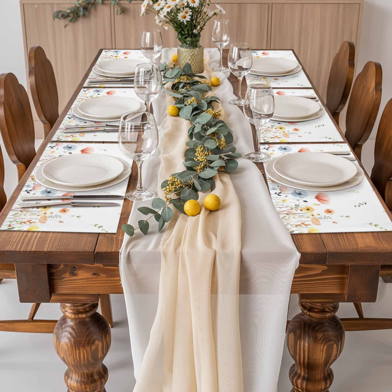 Spring Wildflowers Placemats Set of 4, Watercolor Rustic Flowers Floral Leaves Placemats for Dining Table, Place Mats for Kitchen Tabletop, Waterproof Wipeable Dining Table Mats Set
