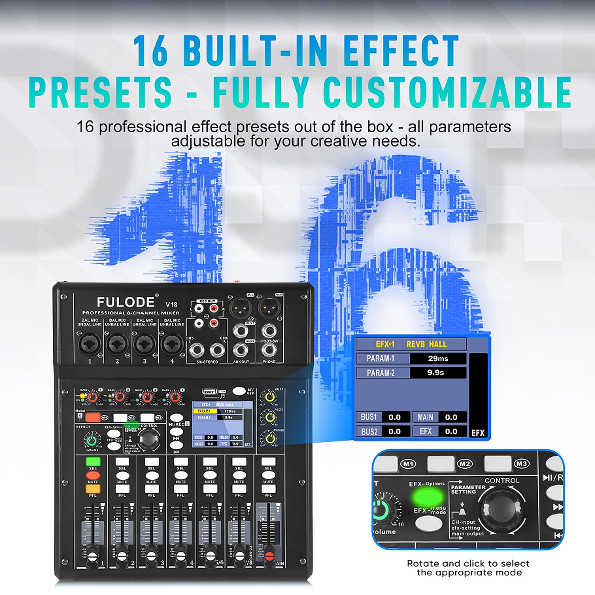 Digital Mixer 8 Channel Compact Audio Mixing Console with 16 DSP Effects, Professional 6-Band EQ DJ Music Sound Mixer with 2.0 USB Port, Bluetooth & PC Debugging for Recording Live Performance