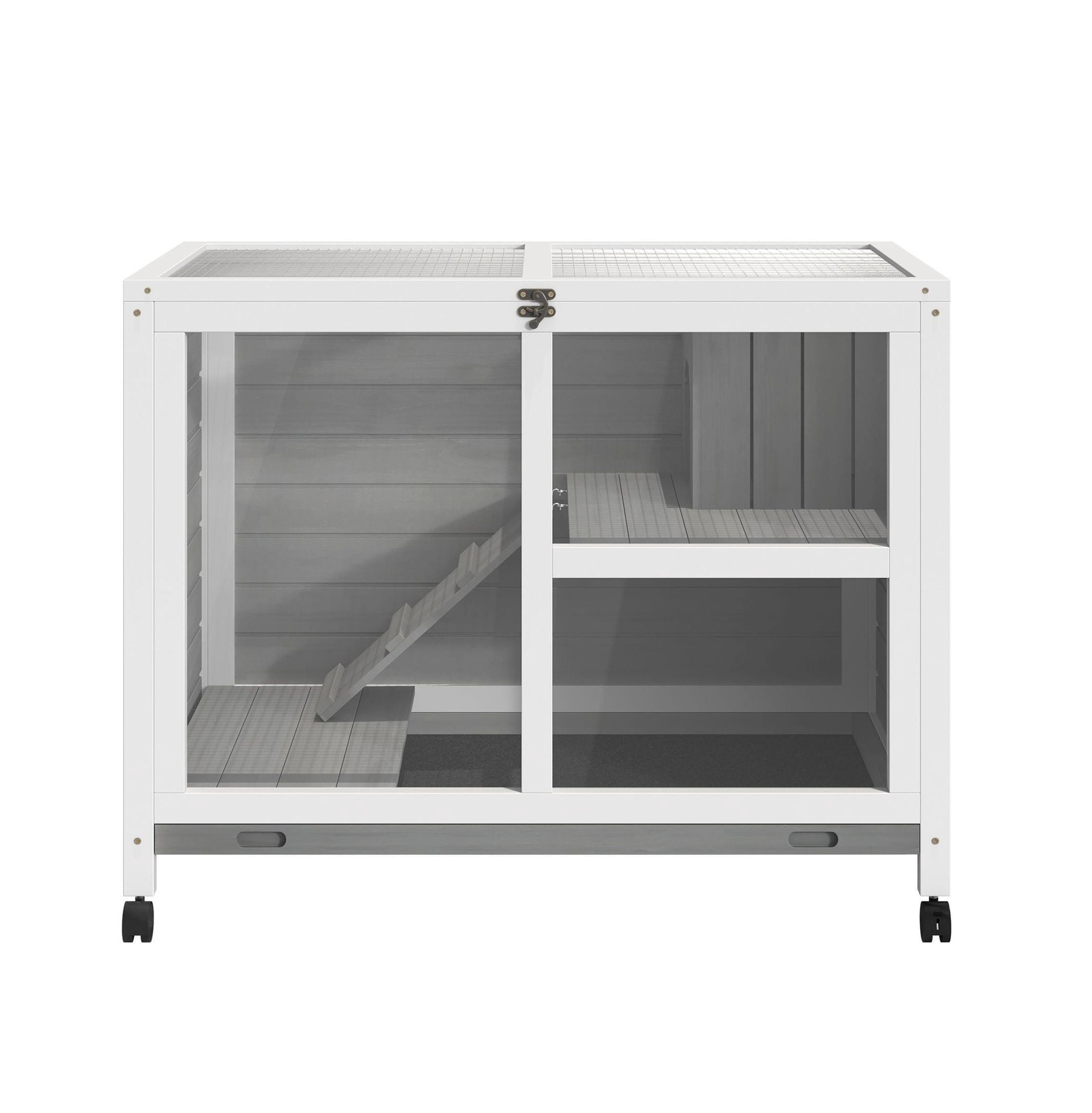2-Story Bunny Hutch Indoor, Wooden Guinea Pig Cage with Wheels & Lockable Doors - Gray Rabbit Habitat for Small Pets