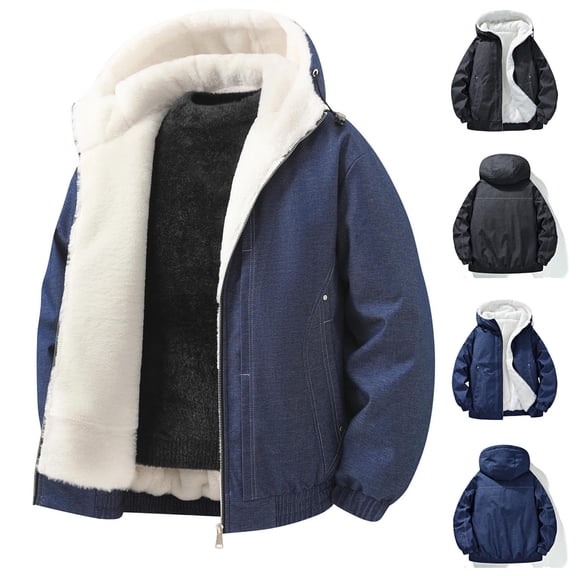 Men’s Winter Cozy Warm Zip up Jacket Thicken Fleece Lined Coat Fashion Faux Denim Jackets with Hood