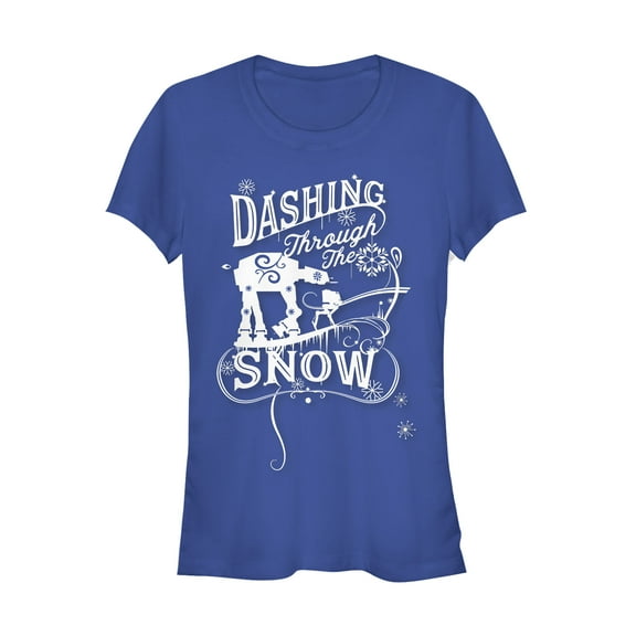 Junior's Star Wars Christmas AT-AT Dashing Snow  Graphic Tee Royal Blue Large