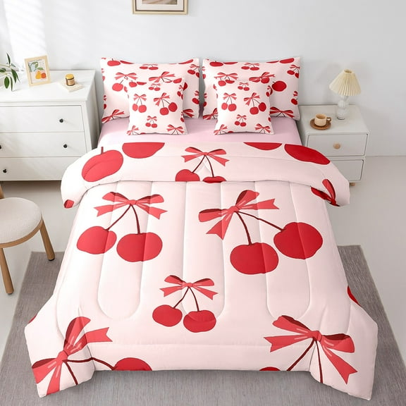 Erosebridal Cartoon Bow Tie Cherry Bedding Sets Twin Size,Dreamy Princess Comforter Sets with Sheets,Kawaii Decor,Reversible,Lightweight,7-Piece