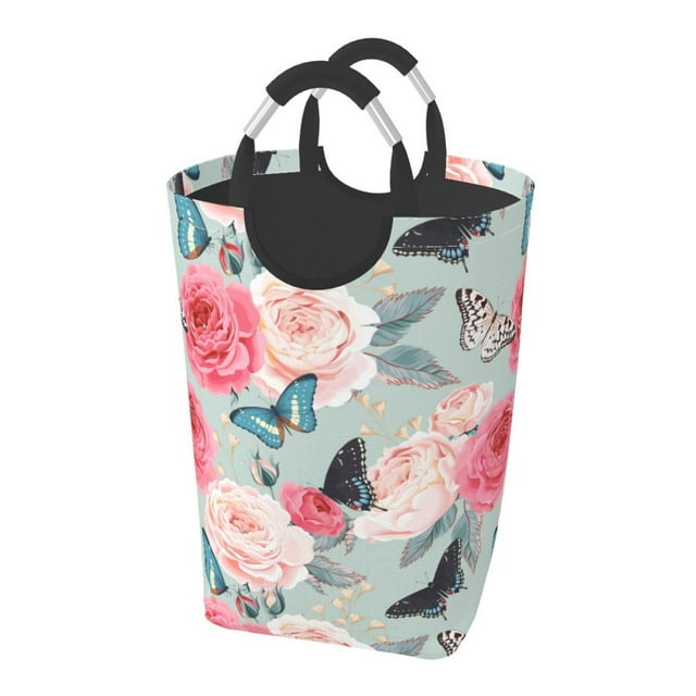 DouZhe 50L Rectangular Laundry Basket, Vintage Pink Roses Butterflie Prints Waterproof Foldable Laundry Hamper with Aluminum Handles