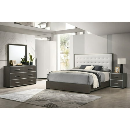 Contemporary Style 5pc Full Size Brown Finish Gray Upholstered Bed Wooden Bedroom Furniture Set