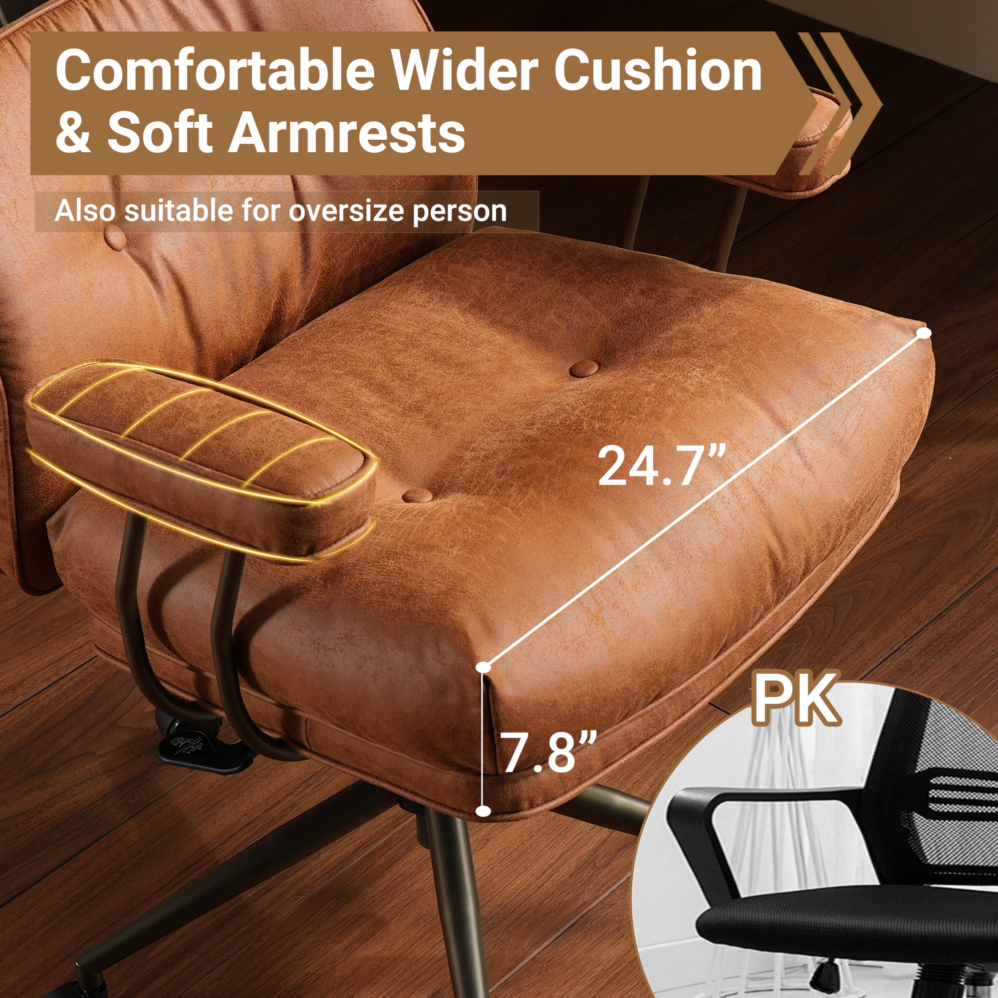 Ovios Suede Leather Office Chair High Back Ergonomic Desk Chair with Lumbar Support Mid-Century Executive Computer Chair with Wheels for Home Office, Brown
