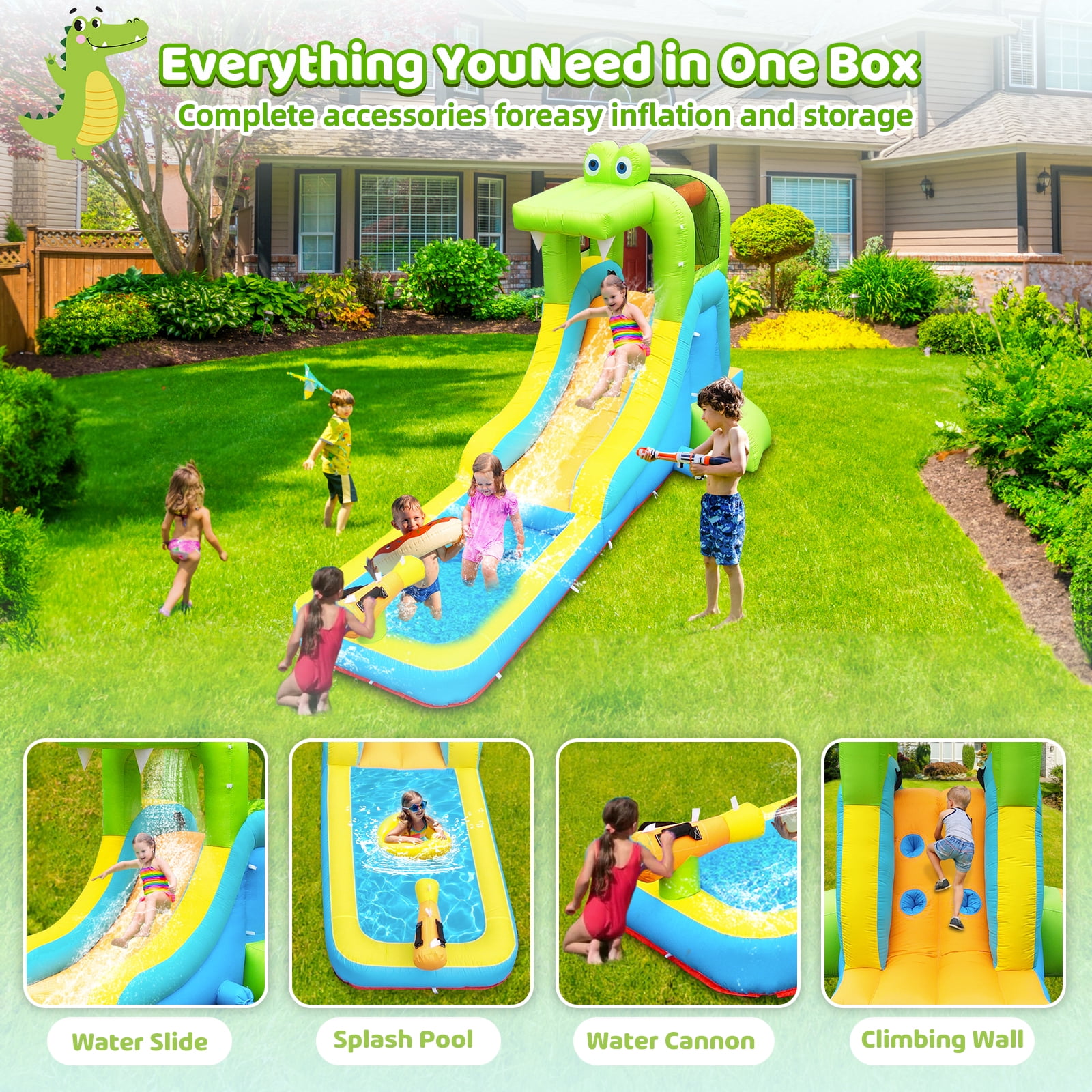NBSPORT Inflatable Crocodile Water Slide & Bounce House for Outdoor Backyard, with Climbing Wall, Splash Pool, Water Cannon & Blower for Kids