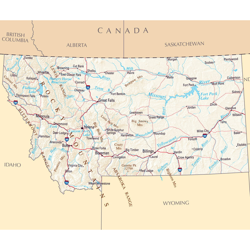 Laminated Map Large Map Of Montana State With Roads Highways Relief