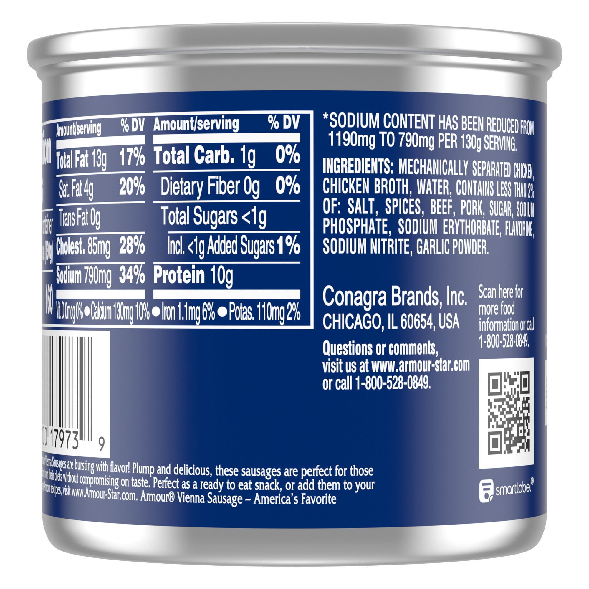 Armour Star Vienna Sausage, Reduced Sodium, 10g Protein Per Serving, 4.6 oz. Can