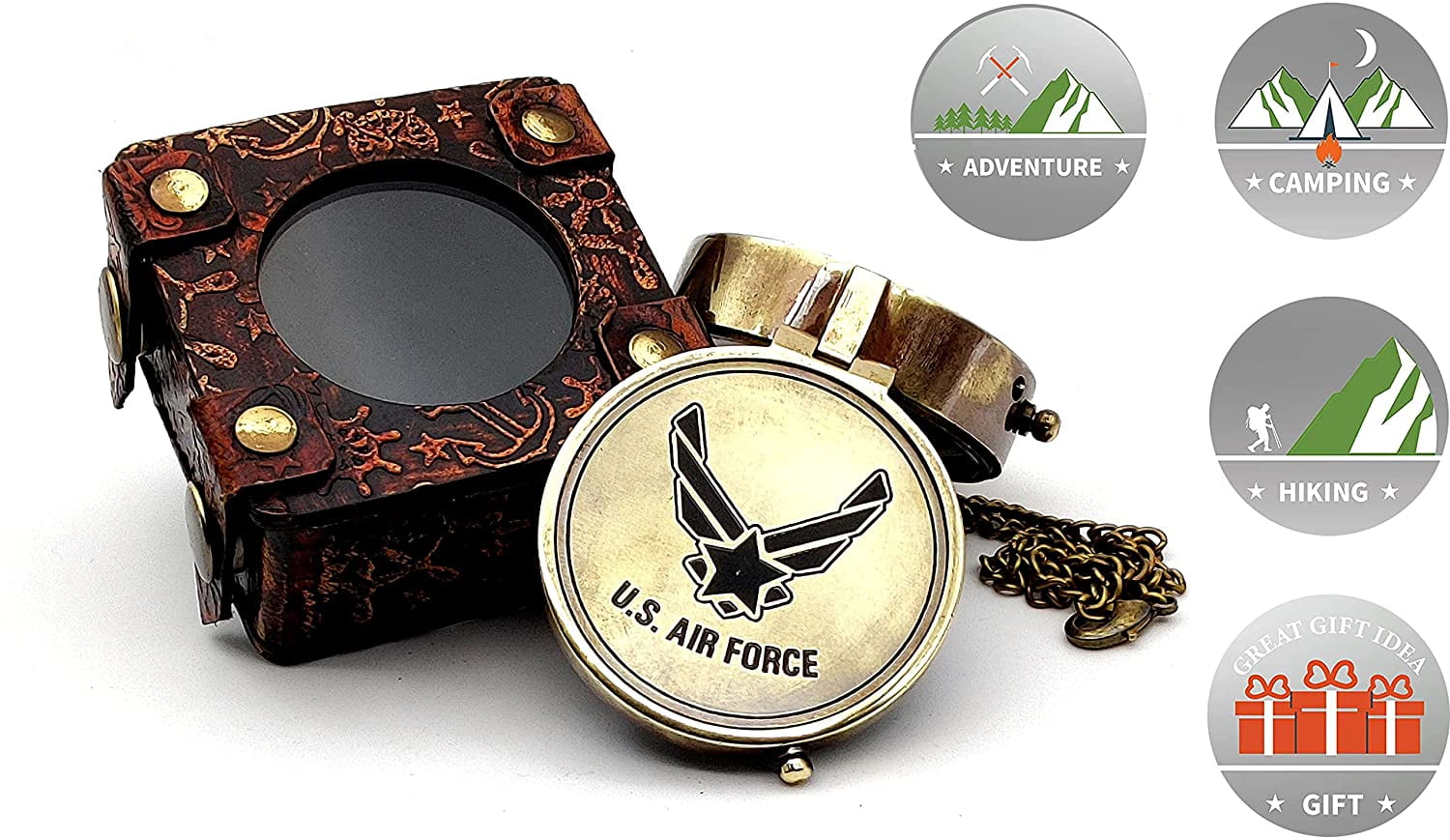 5MoonSun5's US AIR FORCE Engraved Brass Military Compass Nautical Marine Gift A Perfect and Unique gift for Army person Survival Navigation Compass for Hiking Camping Hunting with Leather display Case