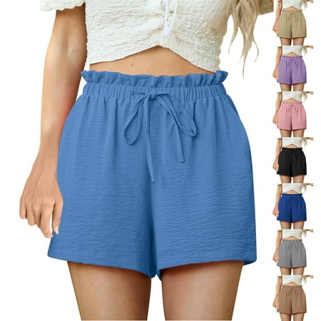 Pxkloy Womens Summer Shorts with Pockets High Waist Wide Leg Cute Short Ruffle Waist Drawstring Casual Shorts for Vacation Pink S