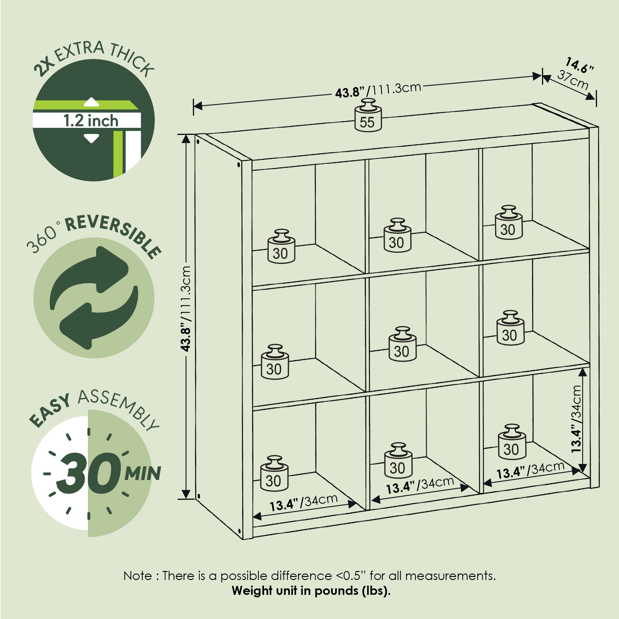 Furinno CUBICLE Book Shelf, 9-Cube Thick Frame Bookshelf, Reversible Bookcase with Open Back, 14.6" x 43.8" x 43.8", for Living Room, Bedroom, Home Office, Sage Green