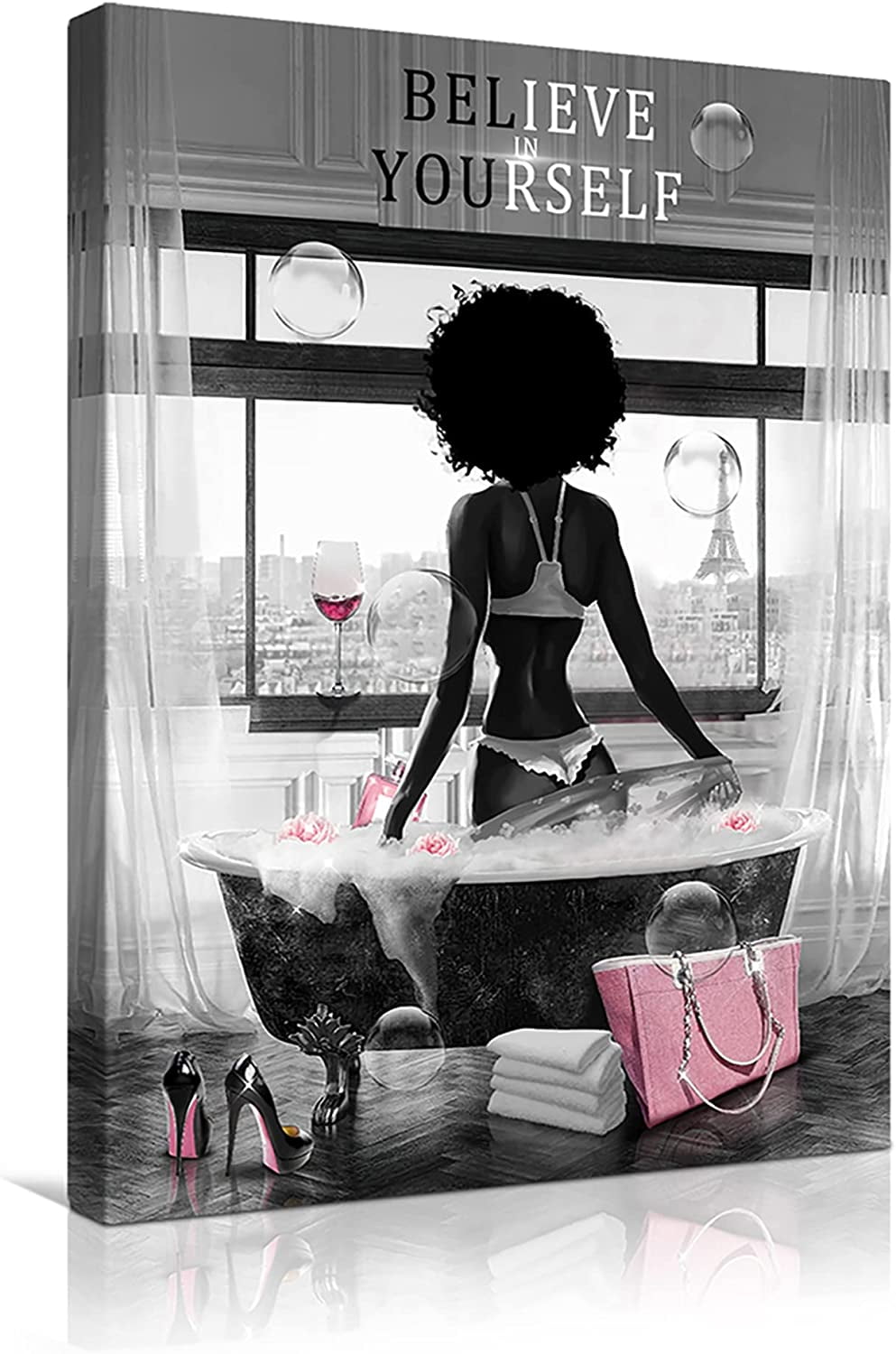 African American Wall Art Bathroom Decor Black Girl In Bathtub Canvas Wall  Art Poster Prints Modern Pink Wall Decor Fashion Black Women Pictures  Framed Artwork For Bathroom Ready To Hang12 X18