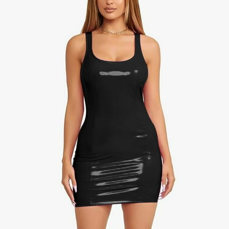 WILLBEST Vacation Dress Fashion Women Solid U Neck Sleeveless Leather Mini Bag Night Club Dress