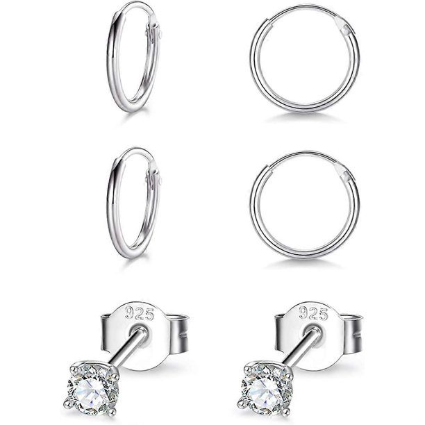 Pendientes de botón de plata de ley, pequeños aros para cartílago: 3 pares de pequeños pendientes de bola redonda de circonita cúbica hipoalergénica de 3 mm y cartílago de 10 mm/12 mm.
