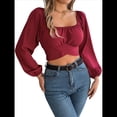 thumbnail image 2 of Blusa Corta con Volantes, Cuello Cuadrado y Fruncido para Mujer, Larga y Lazo Anudado Rojo Vino XL, 2 of 10