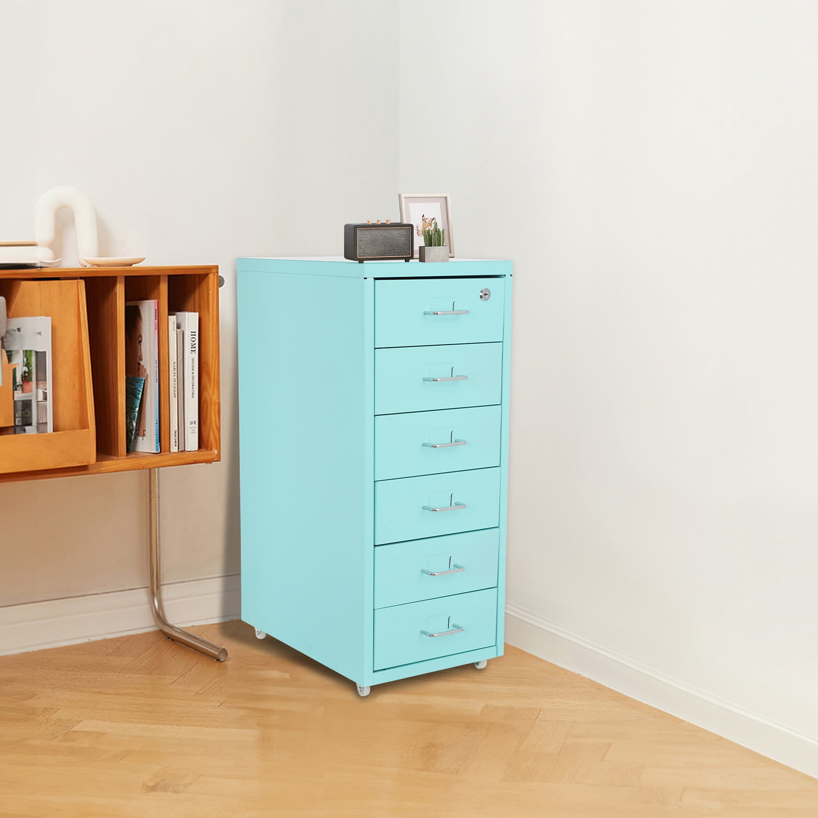 1 PCS  Rectangular Filing Cabinet with Wheels 6 Tiers Vertical File Cabinet, Drawer Type Blue Color Metal File Cabinet with Lock, used in Home, Office, Store, Shop