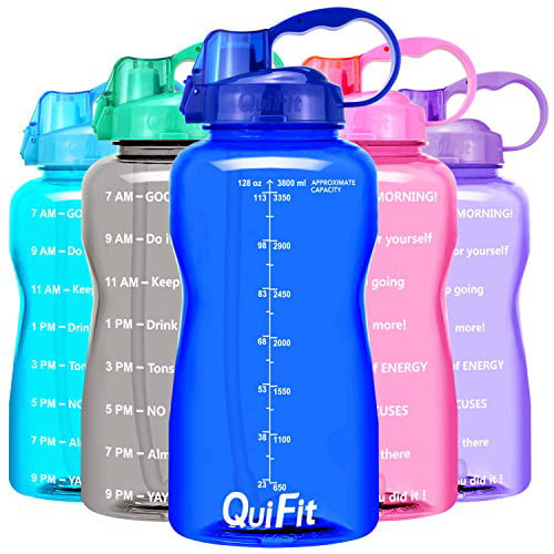 QuiFit Gallon Water Bottle with Straw and Time Marker,128/64/43/15 OZ,Large BPA Free Water Jug,for Fitness and Outdoor Enthusiasts Leak-Proof and Durable 