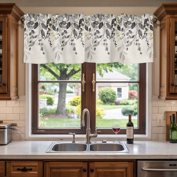 Kitchen Valances for Window, Eucalyptus Country Gray Leaves Light Filtering Rod Pocket Valance Curtain, Herb Foliage Vintage Linen Short Curtains Window Topper for Bedroom Living Room 54x18in