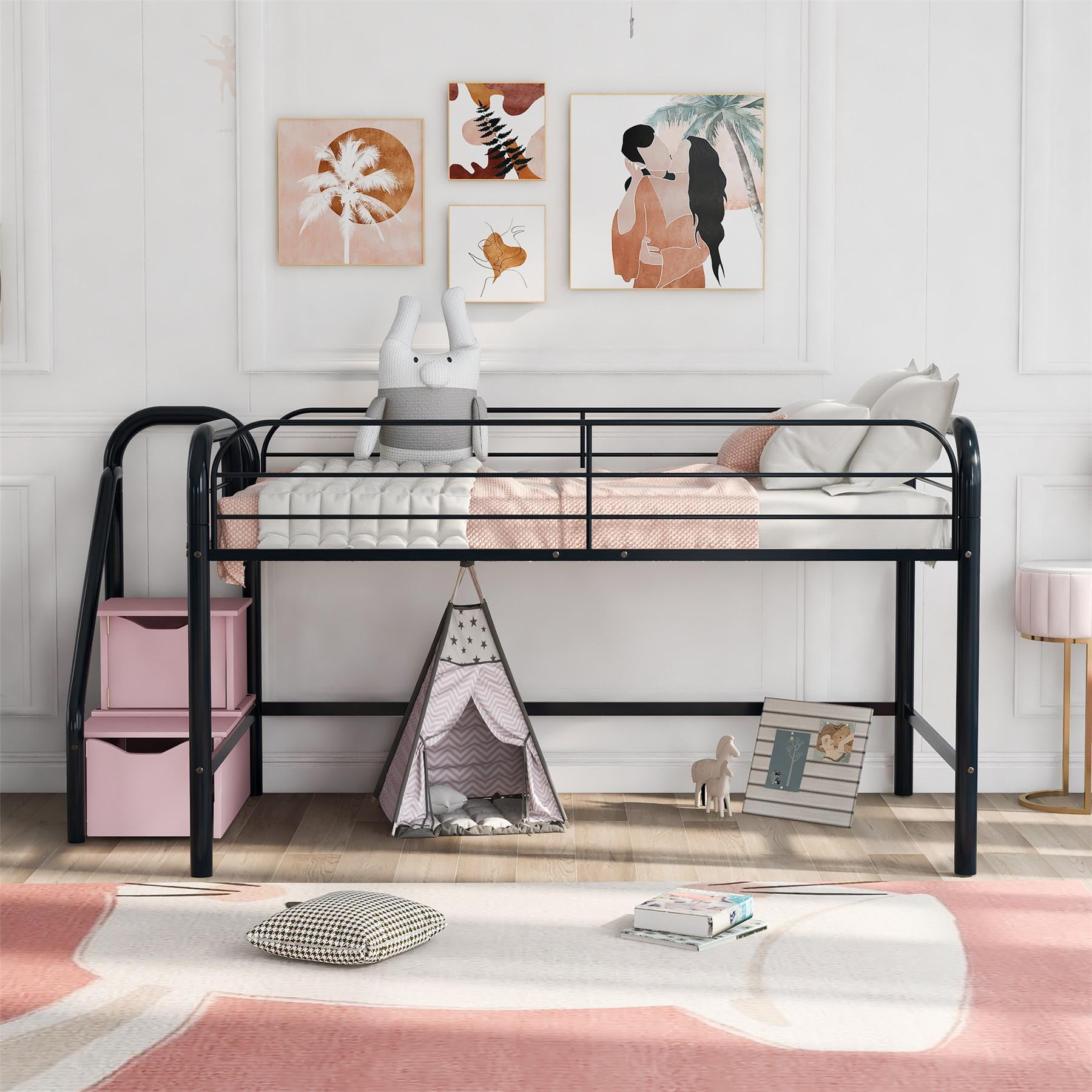 Twin Size Low Loft Metal Bed with Two Wooden Storage Steps, Kids Low