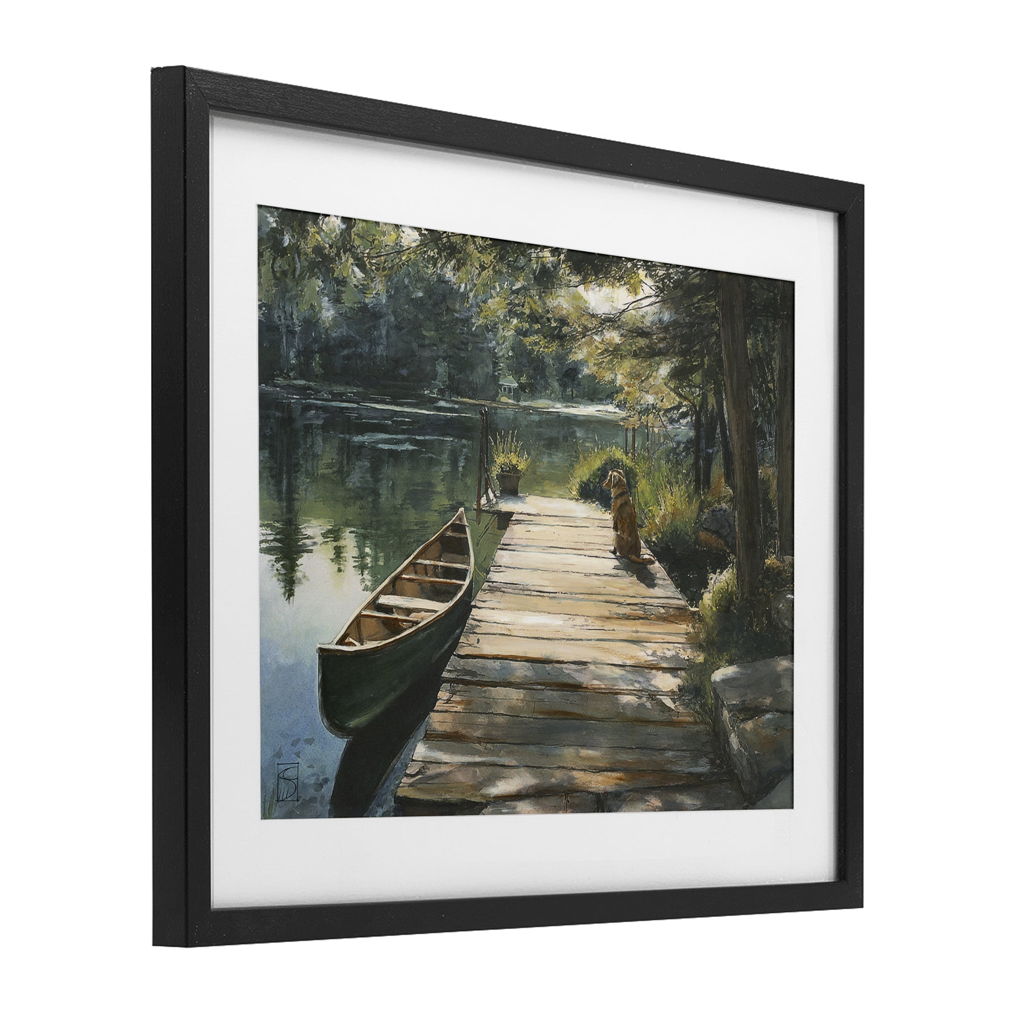 Lake Life Dog on Dock Black Framed Print Under Glass, design by Sara Culpepper