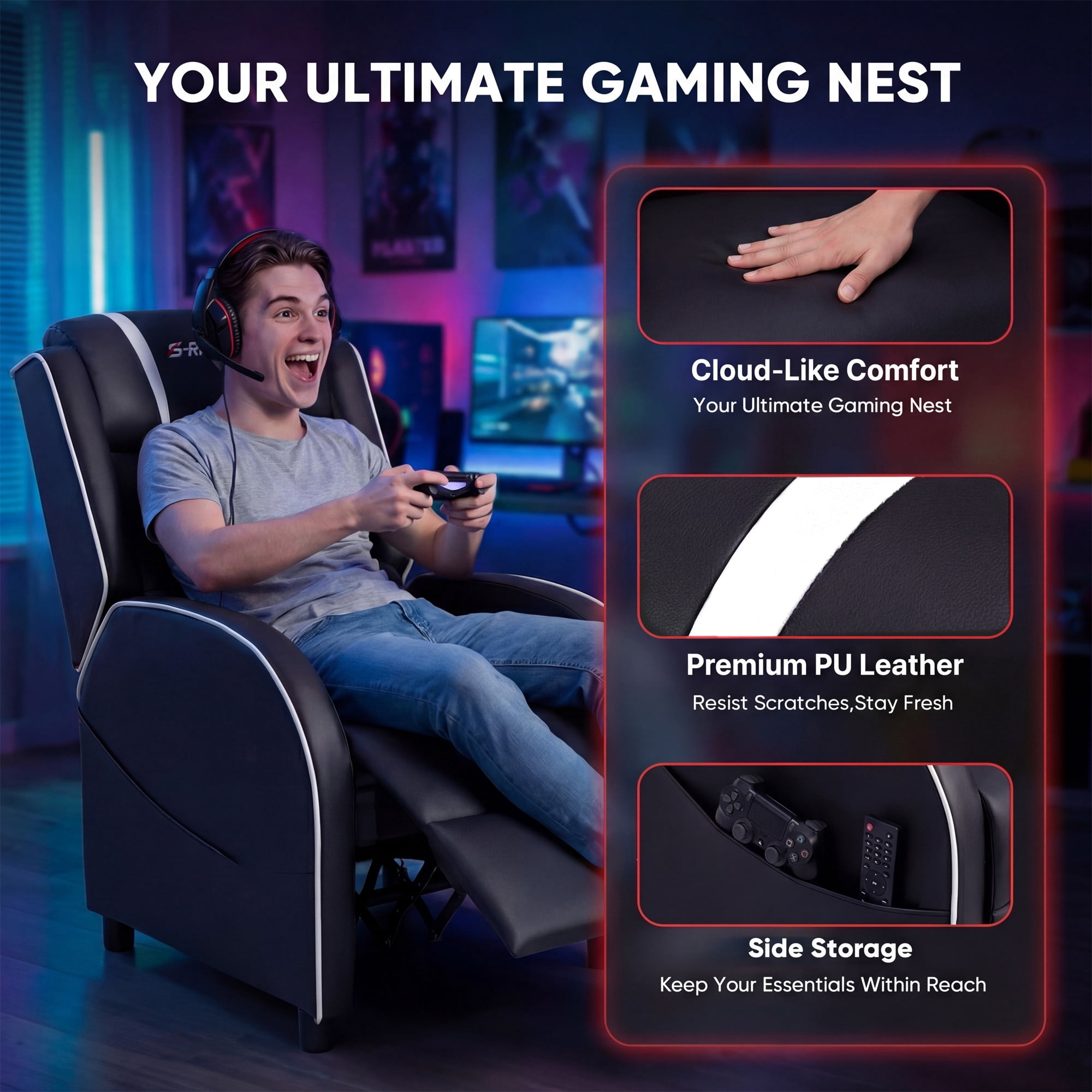 Homall Massage Gaming Recliner Chair Video Game Chair Racing Sofa Chair PU Leather Living Room Sofa Single Home Theater Seating, White