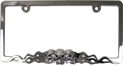 3 skull with flames plastic chrome plated Car auto License plate frame holder TB