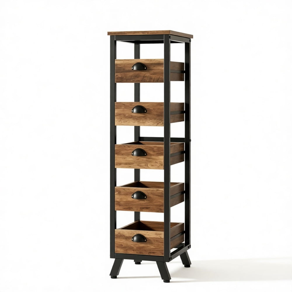 5-Drawer Pull Out Fruit Vegetable Storage Rack, MDF & Metal Produce Organizer, Each Drawer Holds 15LBS, Multipurpose Kitchen Snack Book Display Stand