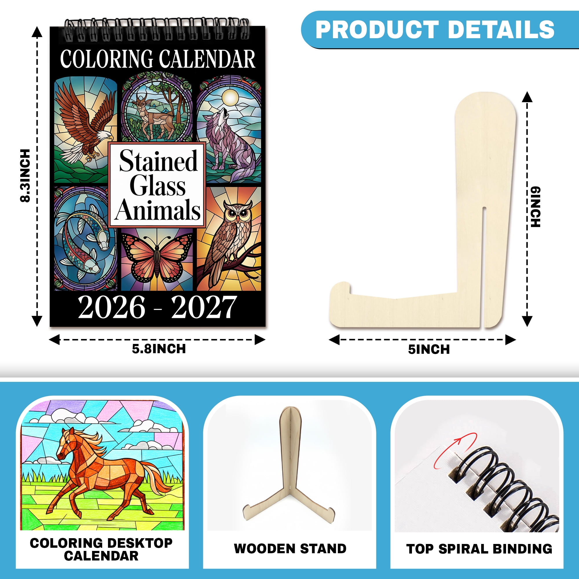 Stained Glass Animals Coloring Desk Calendar 2026–2027, A5 Wooden Cover Planner with 26 Easy Coloring Pages for Adult Relaxation, 24 Month Desktop Calendar with Stand, Gift for Family & Friends