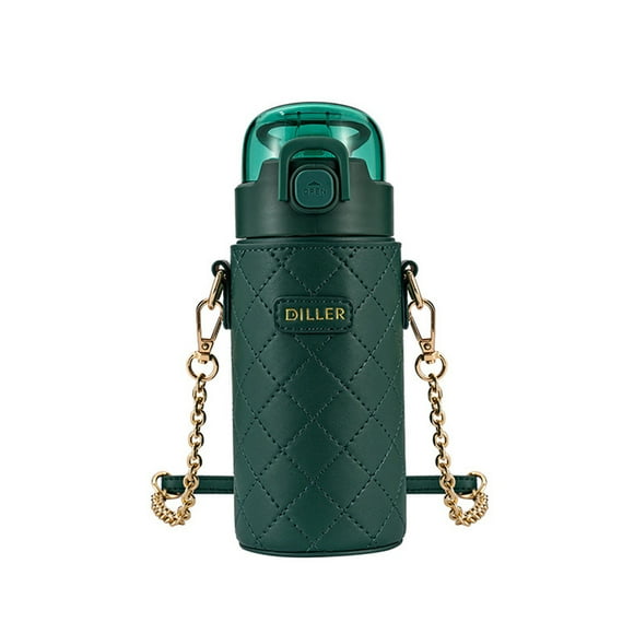 Inteprter Botella de agua cruzada de acero inoxidable para mujer, bonita botella de vacío de repuesto de 450ml con pajita para beber al aire Teteras Verde