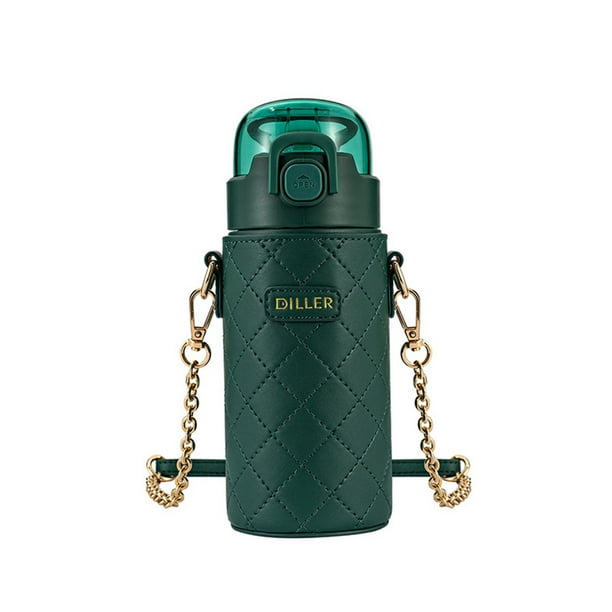 Inteprter Botella de agua cruzada de acero inoxidable para mujer, bonita botella de agua decorativa portátil de 450ml, botella de vacío de Teteras Verde