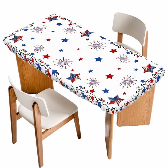 Independence Day Table Cloths for 5 Foot Rectangle Tables, 4th of July Blue Red Star Fireworks Patio Waterproof Elastic Fitted Tablecloths, Washable Rectangular Table Cover for Camping