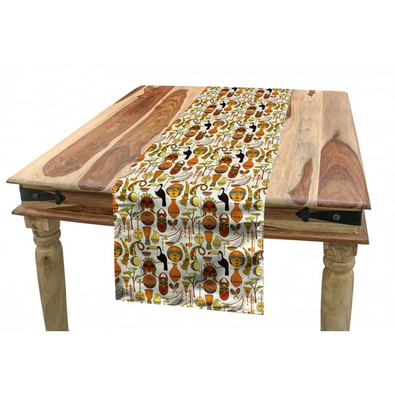 Ethnic Table Runner, Hawaiian Composition of Cultural Elements Toucans and Other Objects and Instruments, Dining Room Kitchen Rectangular Runner, 3 Sizes, by Ambesonne