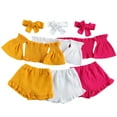 thumbnail image 2 of FLMEI Kids Baby Girls 3PCS Outfits Flared Sleeve off Shoulder Tops + Shorts + Hairband Set Toddler Solid Colours Summer Clothes 1-6 Years, 2 of 9