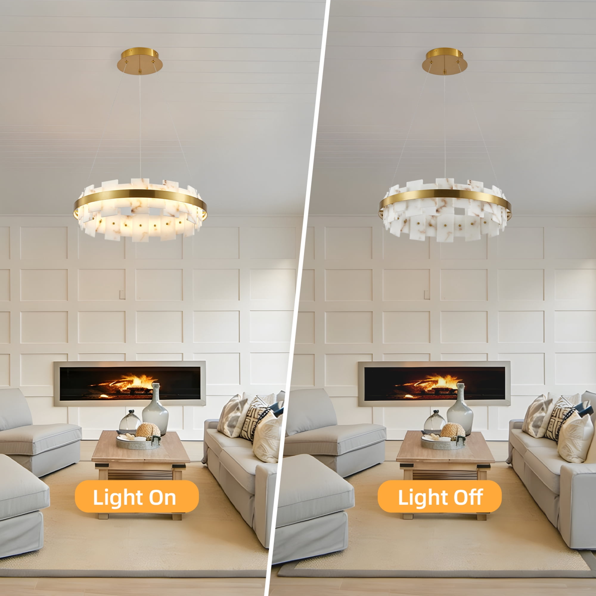 Leumius Modern Alabaster Linear Chandelier, 20 Inch Round Adjustable Flushmount Ceiling Light Fixture for Living Room, Over Table, Bedroom, Hallway, Entryway