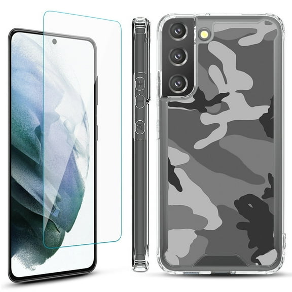 Shockproof Bumper Phone Case for Samsung Galaxy S22  / S22 Plus 5G, with Tempered Glass Screen Protector, by OneToughShield ® - Camo B/W